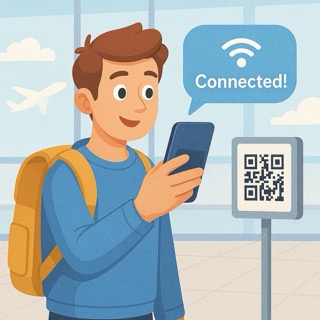 A person scanning a QR code at the airport with a "Connected!" bubble or Wi-Fi signal symbol showing success.