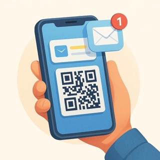 A smartphone receiving an email or notification with a QR code popping up on the screen.